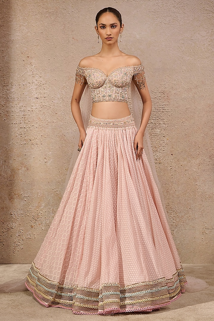 Blush Pink Chanderi Lace Embroidered Bridal Lehenga Set by Tarun Tahiliani at Pernia's Pop Up Shop