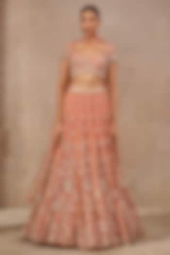 Rust Tulle Resham Embroidered Floral Bridal Lehenga Set by Tarun Tahiliani at Pernia's Pop Up Shop