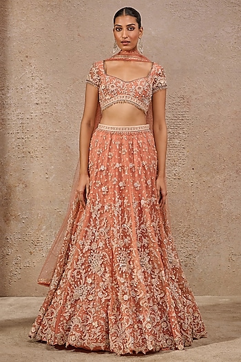 Rust Tulle Resham Embroidered Floral Lehenga Set by Tarun Tahiliani