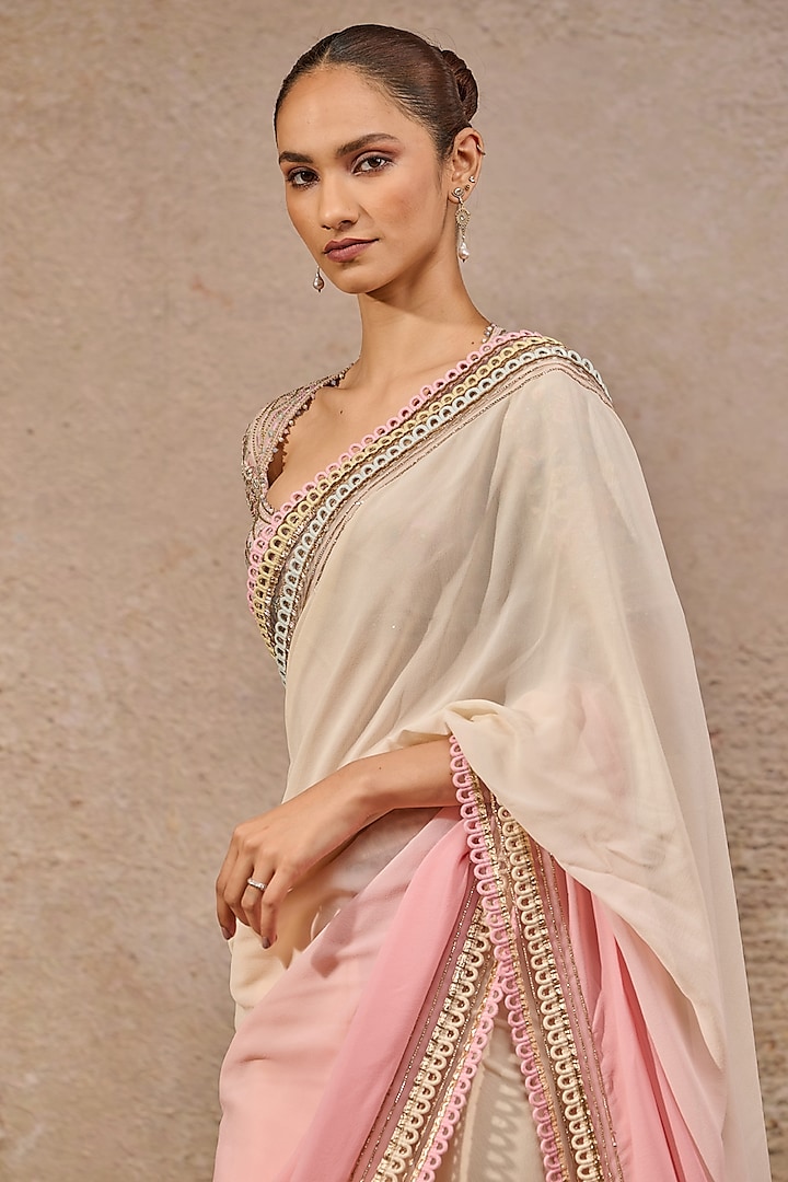 Blush Pink Ombre Georgette Reception Saree Set by Tarun Tahiliani at Pernia's Pop Up Shop