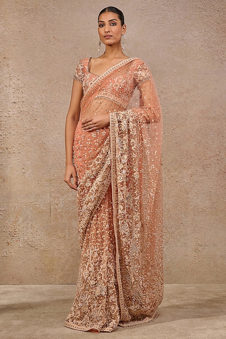 Rust Tulle Resham Embroidered Saree Set by Tarun Tahiliani at Pernia's Pop Up Shop