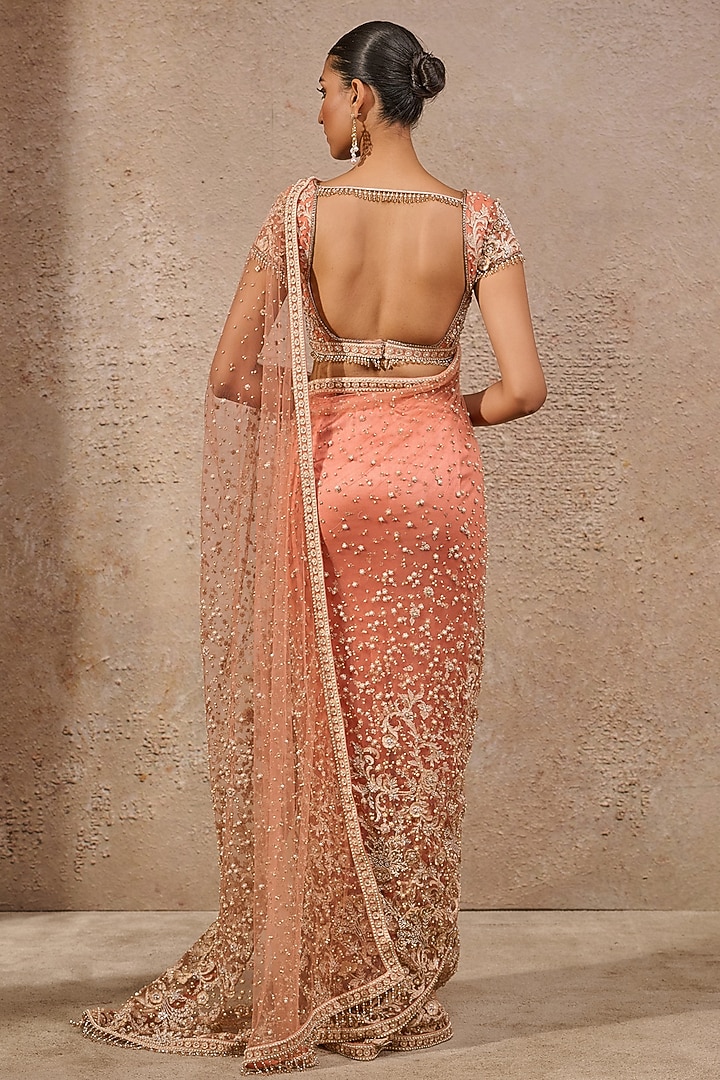 Rust Tulle Resham Embroidered Bridal Saree Set by Tarun Tahiliani at Pernia's Pop Up Shop