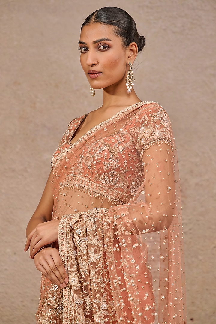 Rust Tulle Resham Embroidered Bridal Saree Set by Tarun Tahiliani at Pernia's Pop Up Shop