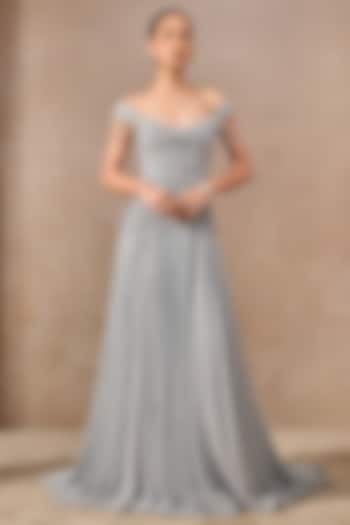 Powder Blue Metallic Crinkle Printed & Embellished Draped Wedding Gown by Tarun Tahiliani at Pernia's Pop Up Shop