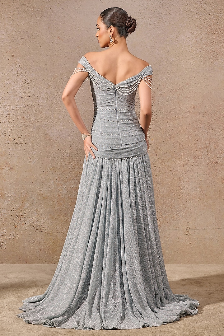 Powder Blue Metallic Crinkle Printed & Embellished Draped Wedding Gown by Tarun Tahiliani at Pernia's Pop Up Shop