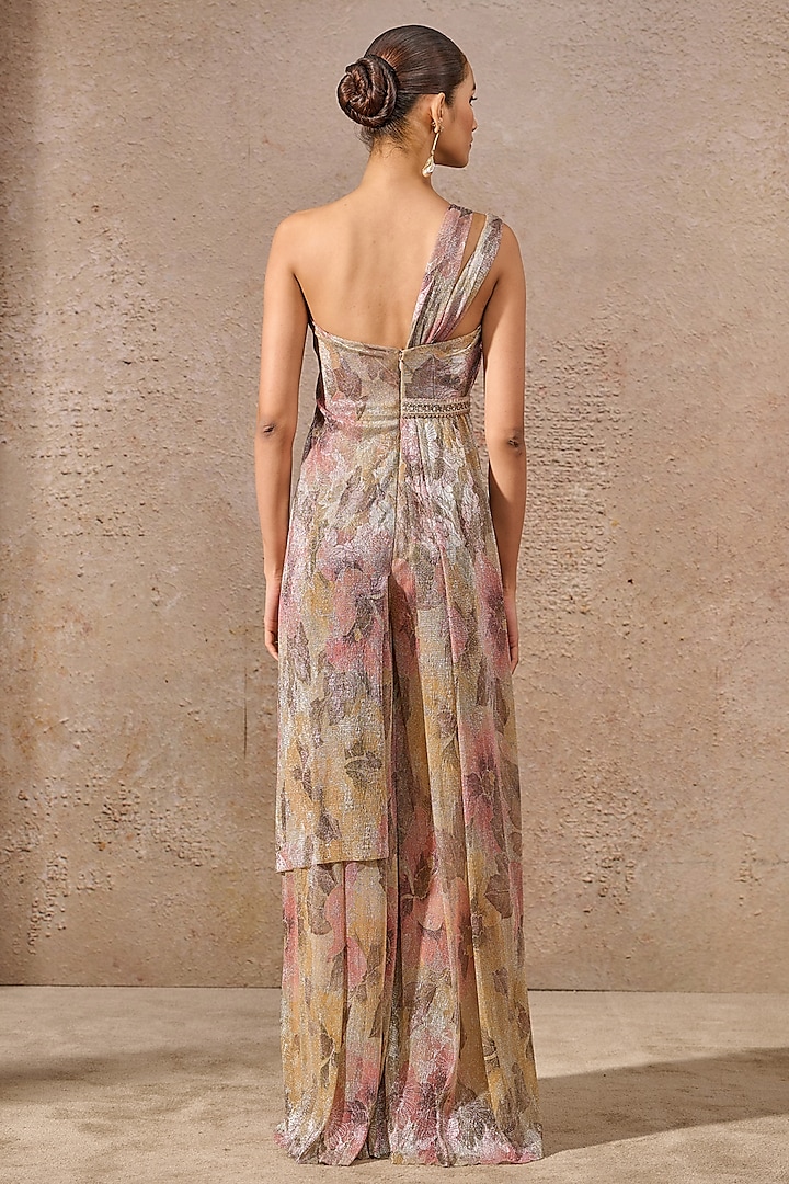 Multi-Colored Metallic Crinkle Printed Draped One-Shoulder Jumpsuit by Tarun Tahiliani at Pernia's Pop Up Shop