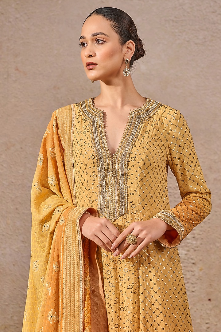 Mustard Ombre Georgette Hand Embroidered Kurta Set by Tarun Tahiliani at Pernia's Pop Up Shop