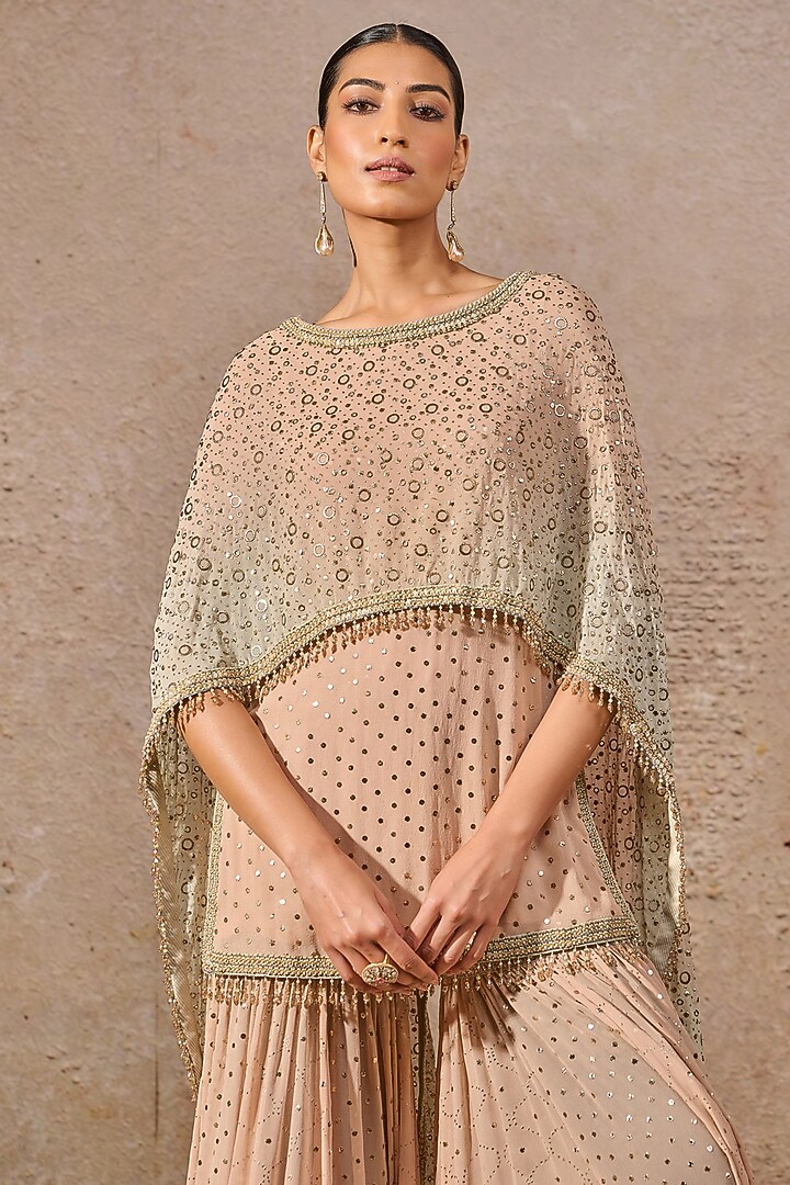 Peach & Mint Ombre Georgette Hand Embroidered Mukaish Bridal Sharara Set by Tarun Tahiliani at Pernia's Pop Up Shop