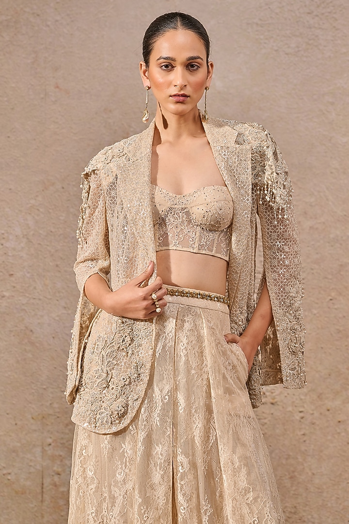Gold Tulle Hand Embroidered Jacket Set by Tarun Tahiliani at Pernia's Pop Up Shop