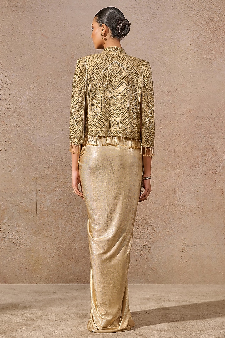 Gold Tulle Net Sequins Embroidered Cape Set by Tarun Tahiliani at Pernia's Pop Up Shop