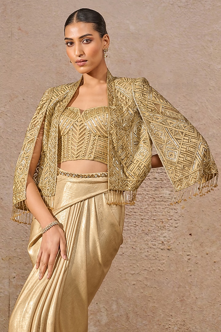 Gold Tulle Net Sequins Embroidered Cape Set by Tarun Tahiliani at Pernia's Pop Up Shop