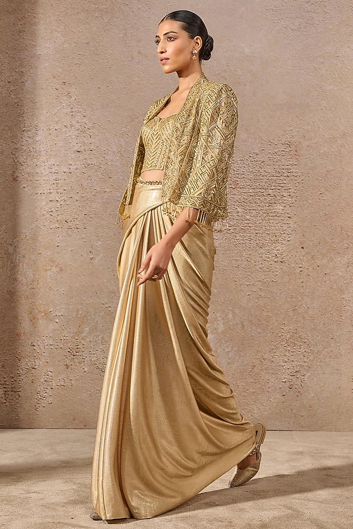 Gold Tulle Net Sequins Embroidered Cape Set by Tarun Tahiliani at Pernia's Pop Up Shop