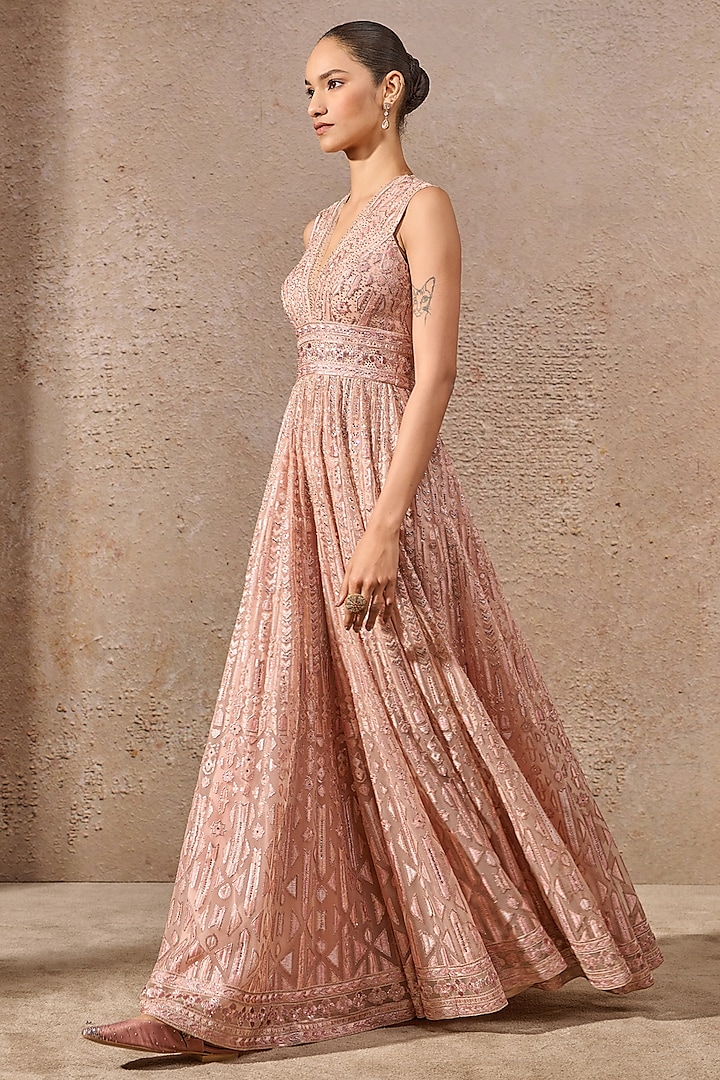 Blush Pink Tulle Net Sequins Embroidered Jumpsuit by Tarun Tahiliani at Pernia's Pop Up Shop