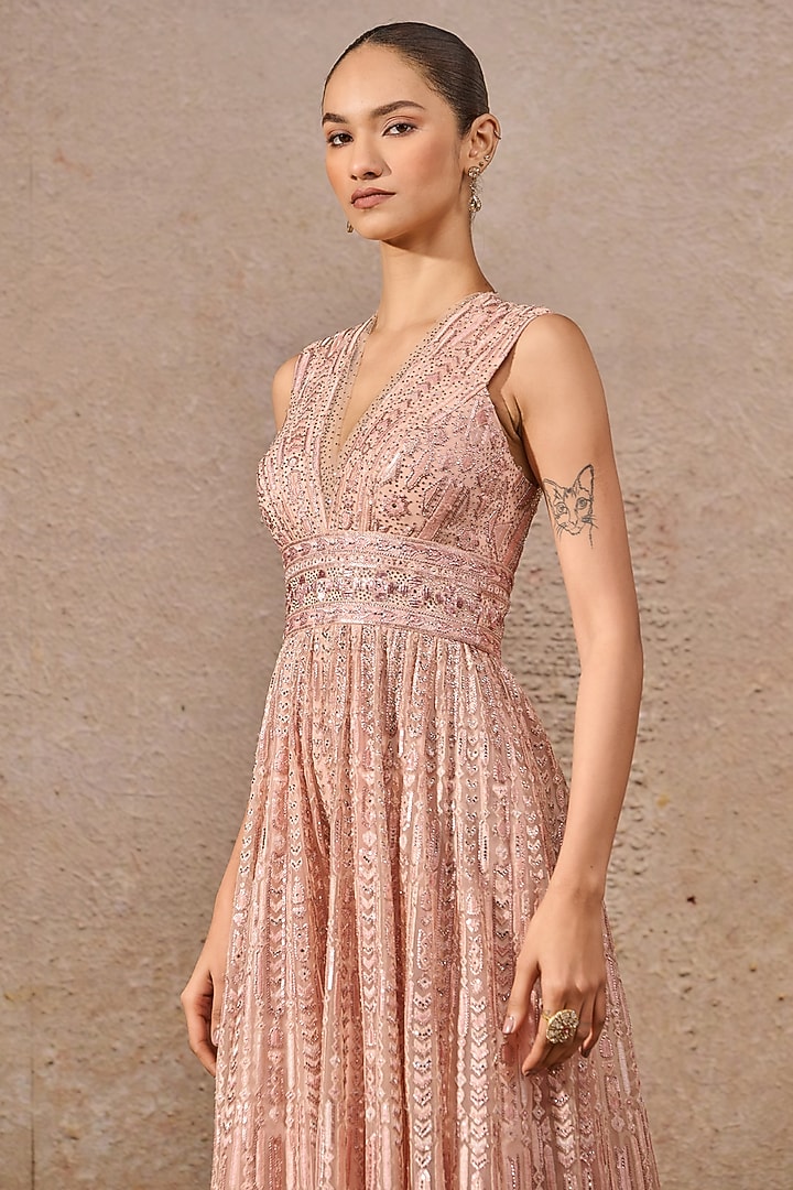 Blush Pink Tulle Net Sequins Embroidered Jumpsuit by Tarun Tahiliani at Pernia's Pop Up Shop