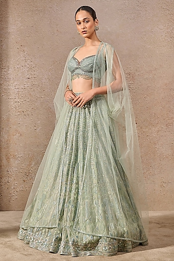 Mint Tulle Net Sequins Embroidered Jacket Lehenga Set by Tarun Tahiliani