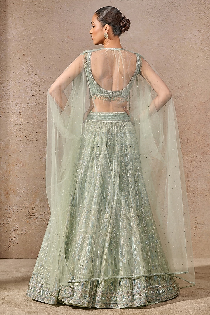 Mint Tulle Net Sequins Embroidered Jacket Bridal Lehenga Set by Tarun Tahiliani at Pernia's Pop Up Shop