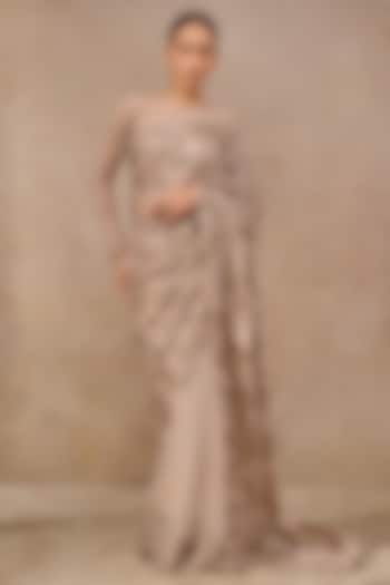 Blush Pink Tulle Floral Embroidered Reception Saree Set by Tarun Tahiliani at Pernia's Pop Up Shop