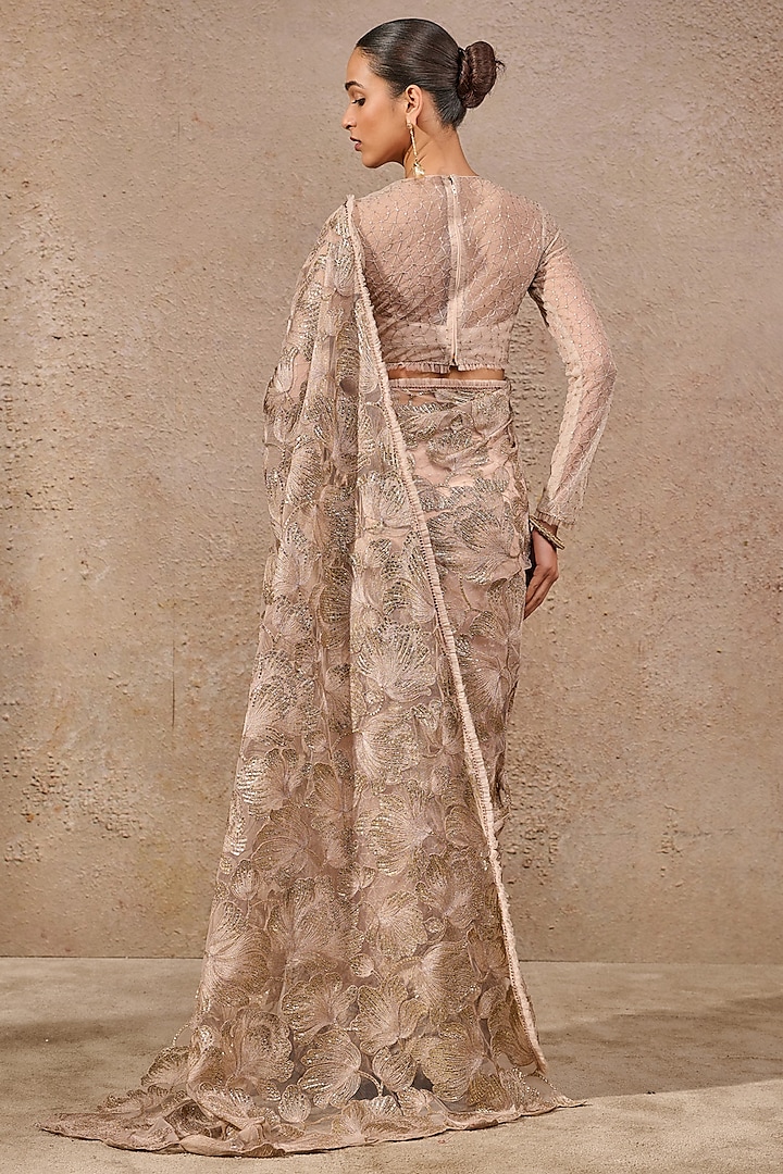 Blush Pink Tulle Floral Embroidered Reception Saree Set by Tarun Tahiliani at Pernia's Pop Up Shop