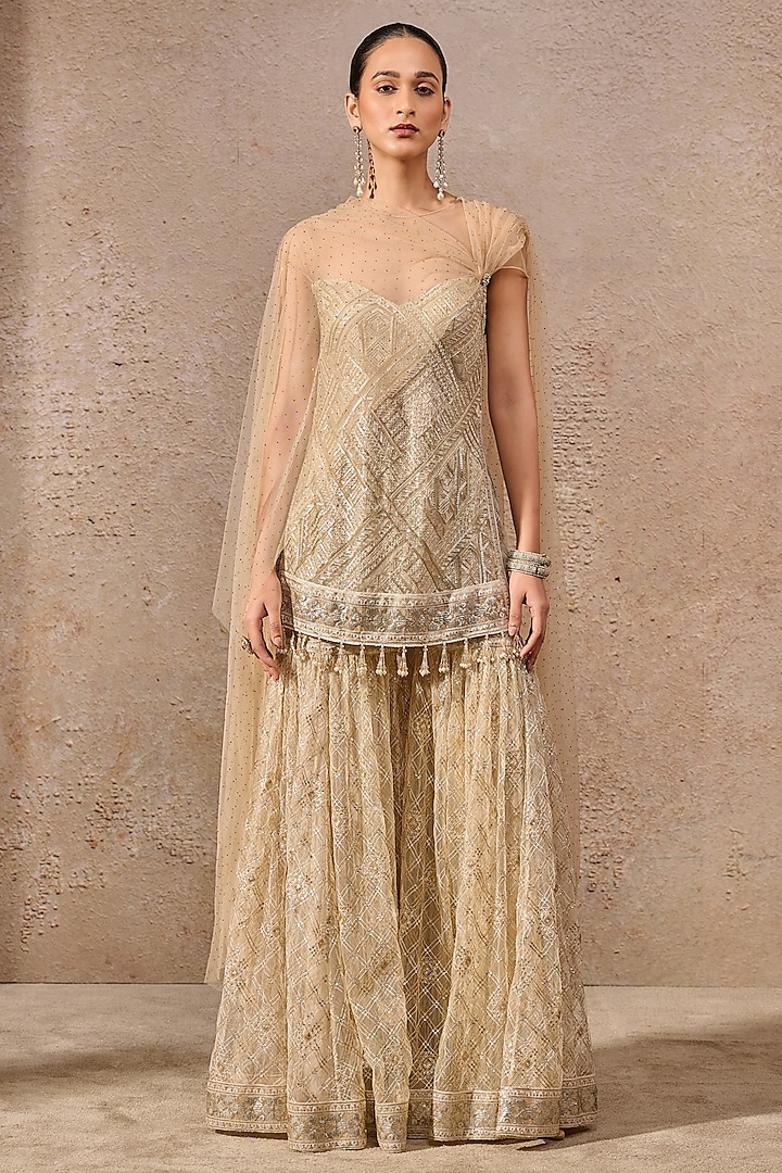 Gold Tulle Resham Embroidered Draped Kurta Set by Tarun Tahiliani at Pernia's Pop Up Shop