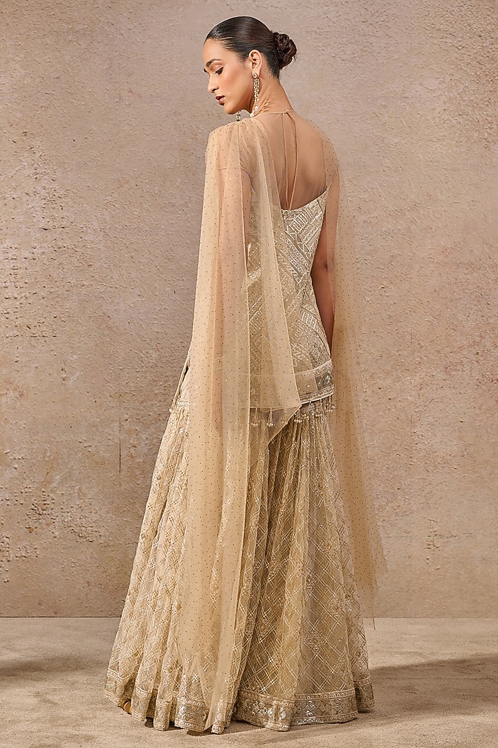 Gold Tulle Resham Embroidered Draped Kurta Set by Tarun Tahiliani at Pernia's Pop Up Shop