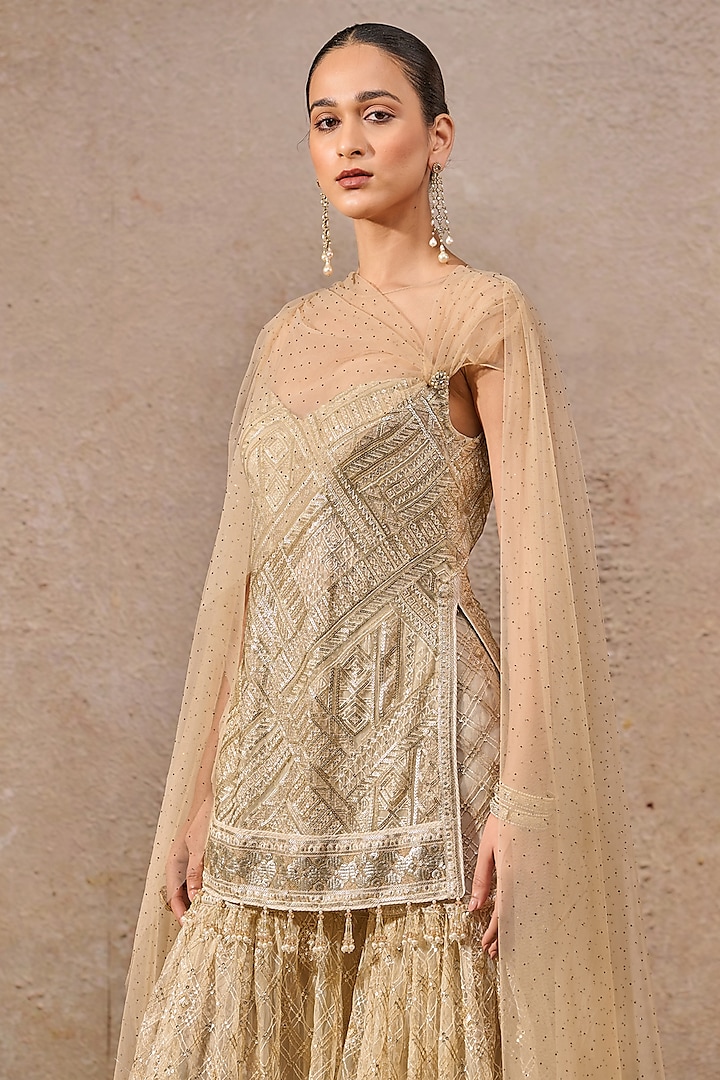 Gold Tulle Resham Embroidered Draped Kurta Set by Tarun Tahiliani at Pernia's Pop Up Shop