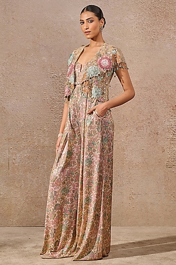 Multi-Colored Foil Jersey Digital Printed Jumpsuit With Jacket by Tarun Tahiliani
