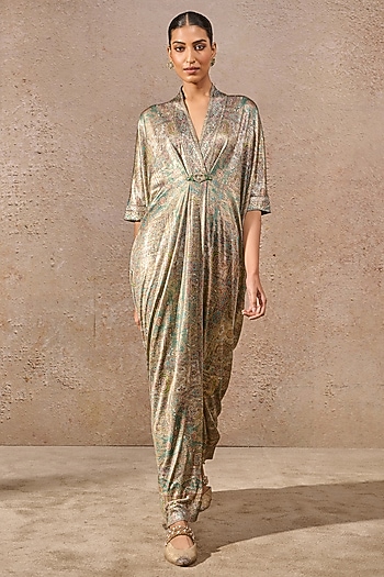 Turquoise Foil Jersey Printed Kaftan by Tarun Tahiliani
