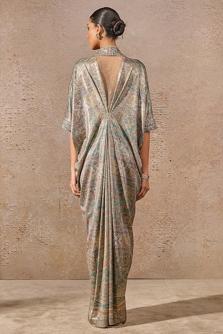 Turquoise Foil Jersey Printed Kaftan by Tarun Tahiliani at Pernia's Pop Up Shop