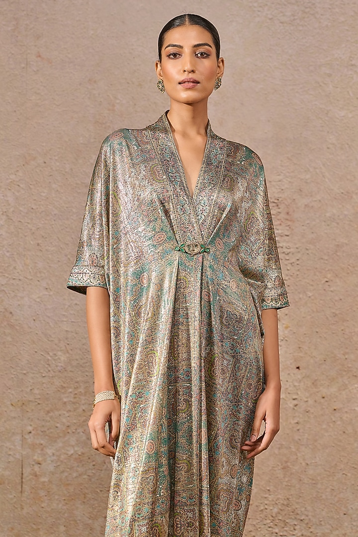 Turquoise Foil Jersey Printed Kaftan by Tarun Tahiliani at Pernia's Pop Up Shop