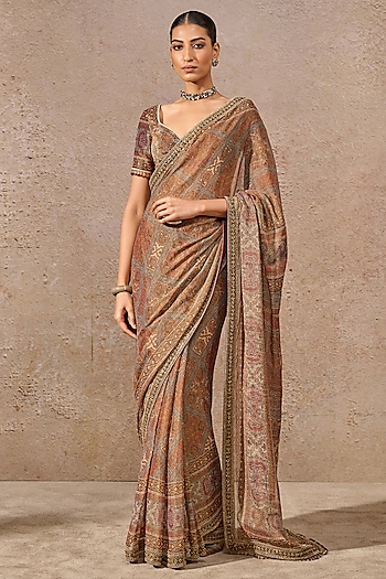 Multi-Colored Tulle Georgette Printed Saree Set by Tarun Tahiliani