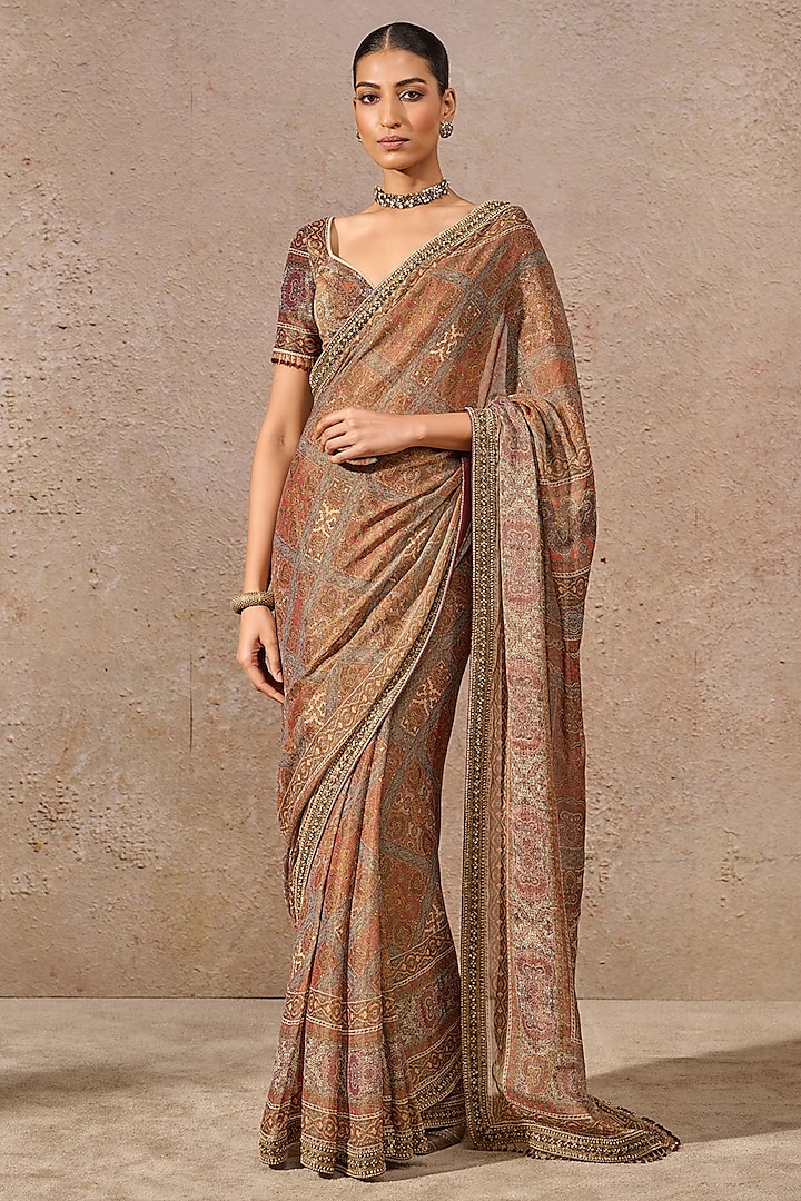 Multi-Colored Tulle Georgette Printed Saree Set by Tarun Tahiliani at Pernia's Pop Up Shop