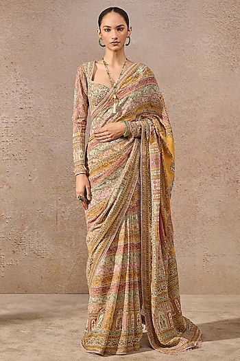 Multi-Colored Georgette Printed & Gota Embellished Saree Set by Tarun Tahiliani