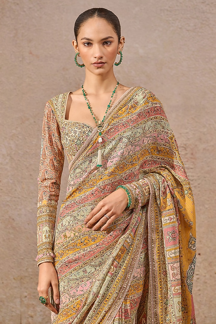 Multi-Colored Georgette Printed & Gota Embellished Bridal Saree Set by Tarun Tahiliani at Pernia's Pop Up Shop