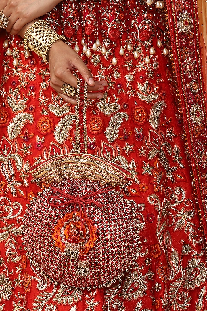 Maroon Beaded Embroidered Potli Bag by Tarun Tahiliani Accessories