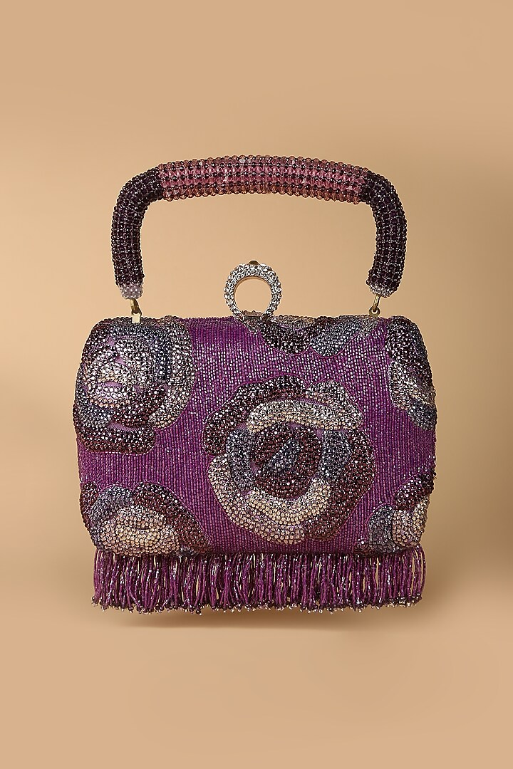 Purple Embroidered Clutch With Fringe by Tarun Tahiliani