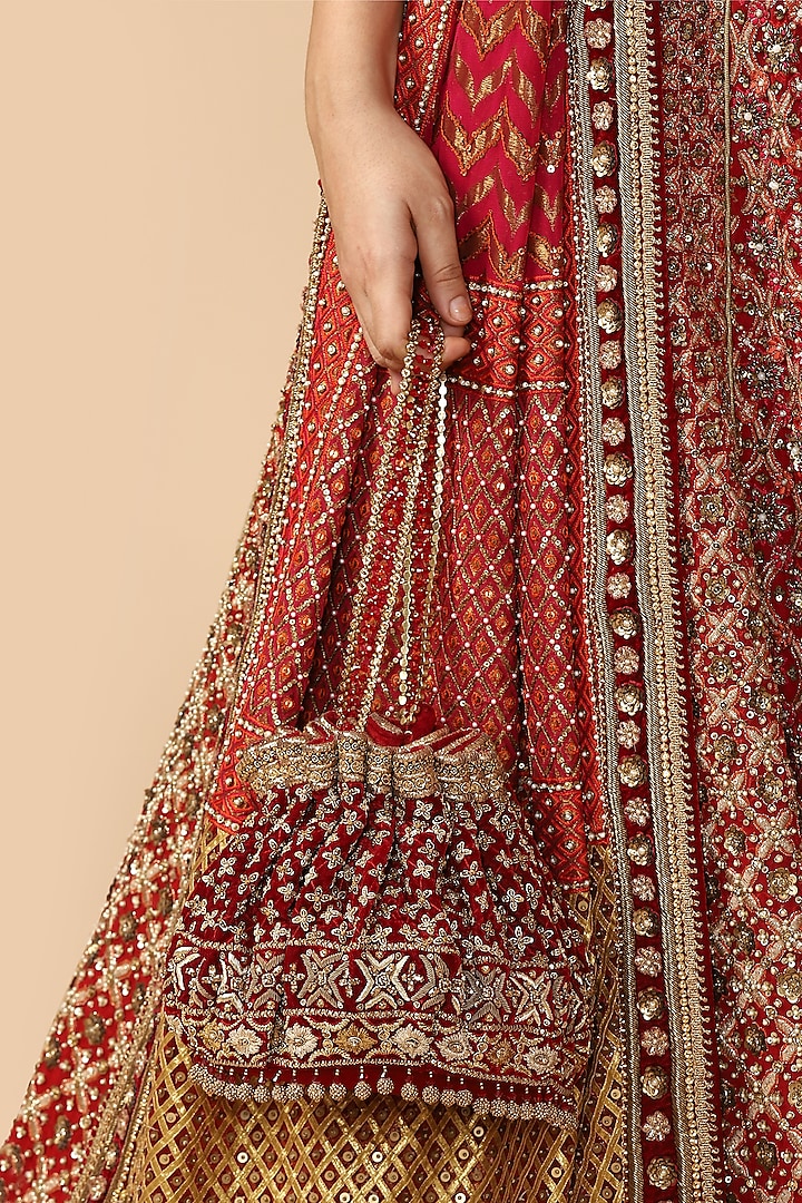 Red Beads Embroidered Potli Bag by Tarun Tahiliani Accessories