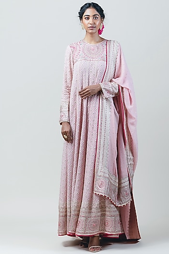Old Rose Embroidered Panelled Kurta Set by Tarun Tahiliani