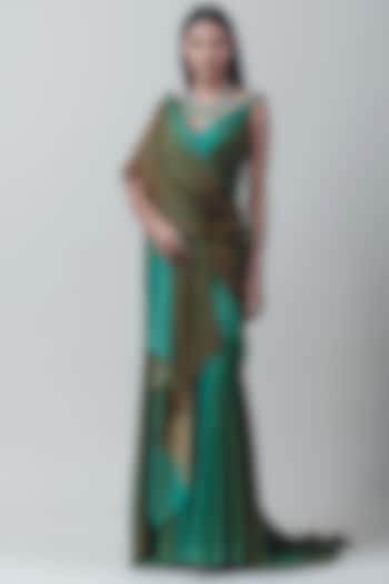 Green Ombre Draped Saree With Fluting by Tarun Tahiliani