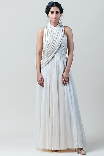 Ivory Draped Flared Jumpsuit by Tarun Tahiliani