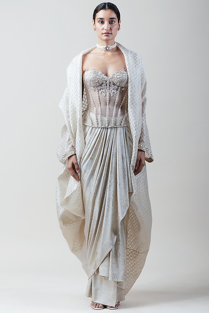 Ivory Draped Skirt Set by Tarun Tahiliani