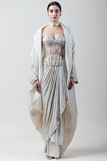 Ivory Cutwork Balloon Cape by Tarun Tahiliani