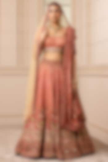 Pale Scarlet Red Ombre Embroidered Lehenga Set by Tarun Tahiliani