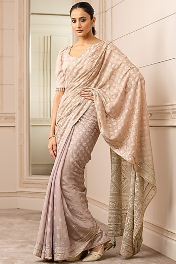 Beige Ombre Embroidered Saree Set by Tarun Tahiliani