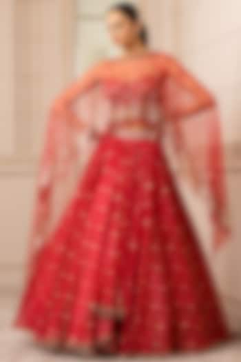 Fiery Red Embroidered Asymmetrical Bridal Lehenga Set With Cape by Tarun Tahiliani at Pernia's Pop Up Shop