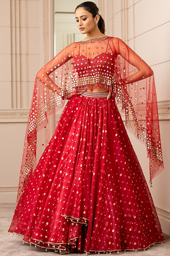 Fiery Red Embroidered Asymmetrical Lehenga Set With Cape by Tarun Tahiliani