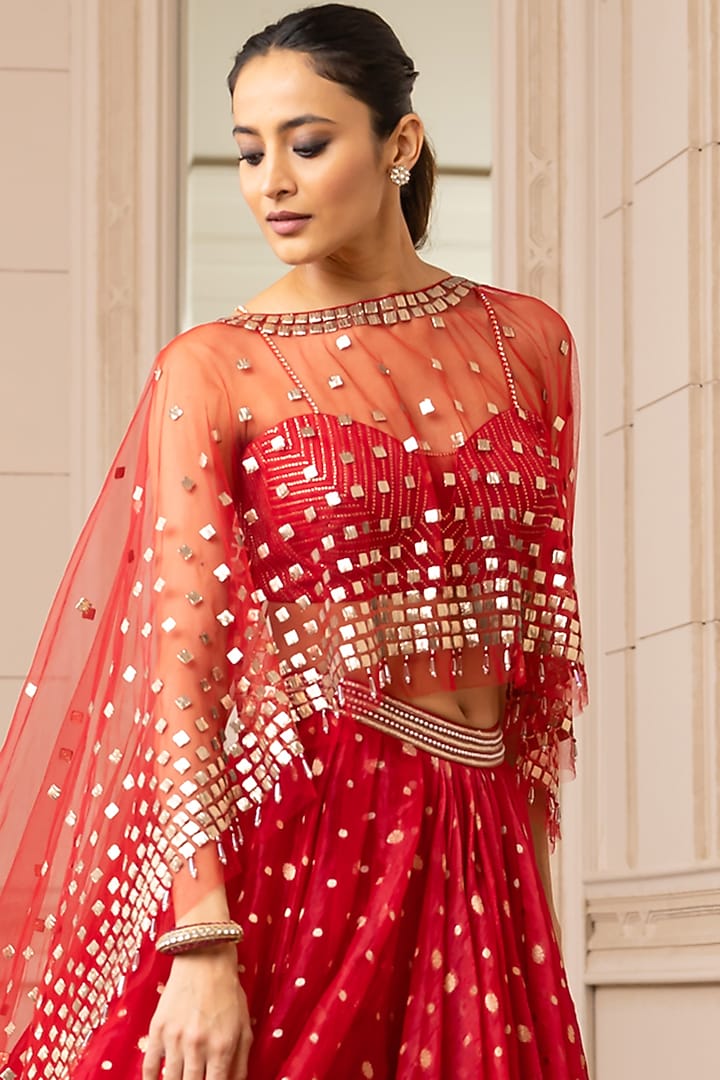 Fiery Red Embroidered Asymmetrical Bridal Lehenga Set With Cape by Tarun Tahiliani at Pernia's Pop Up Shop