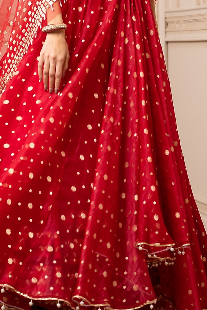 Fiery Red Embroidered Asymmetrical Bridal Lehenga Set With Cape by Tarun Tahiliani at Pernia's Pop Up Shop