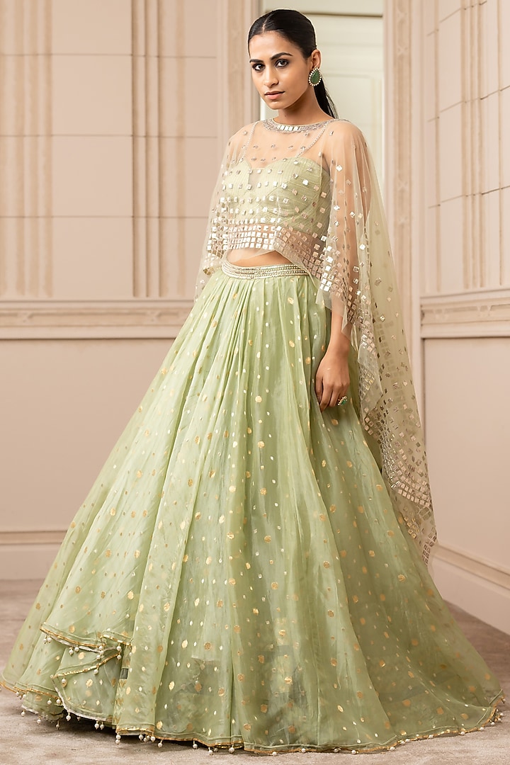 Mint Embroidered Asymmetrical Lehenga Set With Cape by Tarun Tahiliani