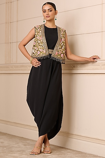 Black Silk Georgette Dhoti-Style Jacket Dress by Tarun Tahiliani