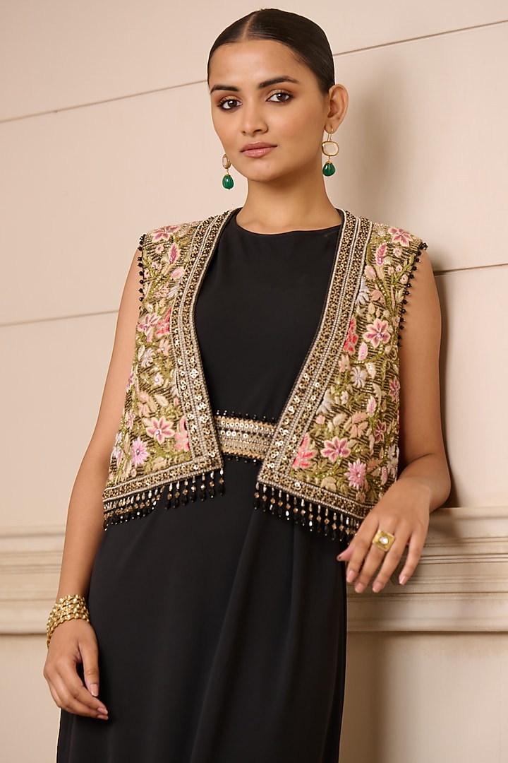 Black Silk Georgette Dhoti-Style Jacket Party Wear Dress by Tarun Tahiliani at Pernia's Pop Up Shop